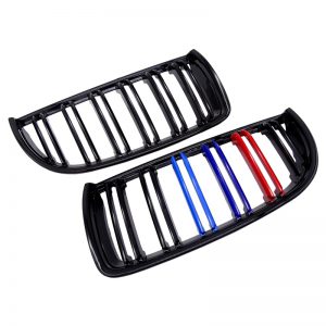 1 para Grill na kratkę samochodową przód nerka połysk 2 linia czarny matowy M kolor podwójna listwa dla BMW E90 E91 3 seria 2004 2005 2006 2007