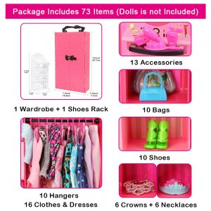 Modne meble do domku dla lalek 73 przedmioty/zestaw = 1 szafa + 72 akcesoria dla lalek lalki ubrania sukienki korony naszyjnik buty dla Barbie