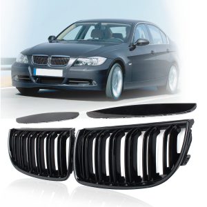 4 kolor para przedni połyskowy mat czarne włókno węglowe 2 linii podwójna listwa kratka nerkowa maskownica do BMW E90 E91 4 drzwi 2005 2006 07 2008