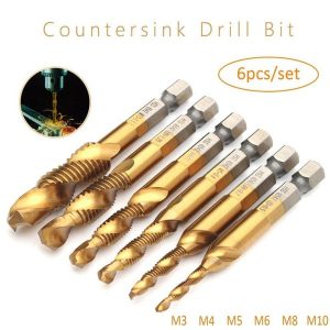6pcs M3-M10 Screw Tap Drill Bits Hss Taps Countersink Deburr Set Metric Combination Bit High Speed Steel 1/4 IN Quick Change Hex