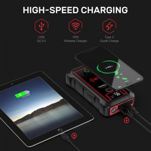 Urządzenie do uruchamiania awaryjnego samochodu 23800mAh 2500A Power Bank akumulator samochodowy z 10W bezprzewodową ładowarką ekran LCD młotek bezpieczeństwa Jump Starter